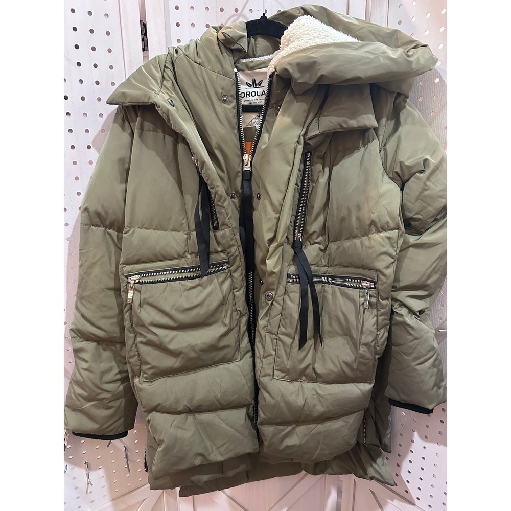 OROLAY Women Olive Green Puffer Coat Sherpa Lined Hood Zip Front Winter‎ Warm
